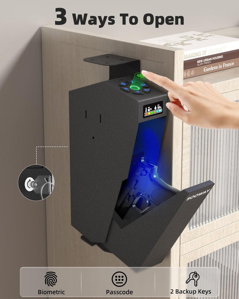 SOOWAY Gun Safe, Mounted Biometric Pistol Safe Drop Down Gun Lock Box for Handgun with 3 Ways Quick Access Bedside Pistol Case for Nightstand, Desk, Wall, Dresser - Image 2